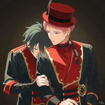 2boys black_background closed_eyes closed_mouth commentary_request dated earrings ensemble_stars! grabbing_another&#039;s_arm green_hair hat highres itsuki_shu jewelry kagehira_mika long_sleeves looking_at_another male_focus multiple_boys nisesakana pink_hair purple_eyes red_hat short_bangs short_hair signature stud_earrings upper_body valkyrie_(ensemble_stars!)