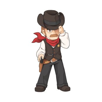 1boy bandana bandana_around_neck belt black_hat black_pants black_shoes black_vest brown_belt brown_eyes brown_hair buttons chibi chibi_only cowboy cowboy_hat cowboy_western facial_hair fighting_stance full_body gun hat hat_over_one_eye hat_tip holstered long_sleeves looking_at_viewer male_focus mustache official_art pants popped_collar ragnarok_online ready_to_draw red_bandana sheriff_badge shirt shoes short_hair simple_background solo standing transparent_background vest weapon western white_shirt wyatt_warp yuichirou