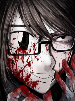 1boy black-framed_eyewear blood blood_on_gloves blood_on_mask broken_mask brown_hair commentary_request cracked_kawaii_mask cracked_mask dated glasses gloves highres male_focus mask medium_hair nil_(pixiv_53614557) portrait randal's_friends randal_ivory solo white_gloves