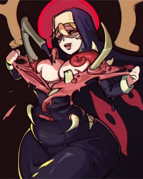 1girl black_background black_sclera blonde_hair breasts bubene colored_sclera cowboy_shot double_(skullgirls) drooling highres large_breasts monster_girl nun open_mouth red_eyes skullgirls smile solo tearing_clothes tentacles thick_thighs thighs torn_clothes wide_hips