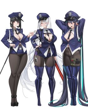 Rule 34 | 3girls, :q, absurdly long hair, absurdres, adjusting hair, aqua hair, arms behind head, arms up, baton (weapon), between breasts, black hair, black pantyhose, blush, boots, bra, breasts, brown pantyhose, cinderella (nikke), cleavage, closed mouth, clothing cutout, colored inner hair, commentary, cuffs, d (nikke), english commentary, gloves, goddess of victory: nikke, gong dol hong, hair intakes, hair lift, hair over one eye, hair rings, half-closed eyes, hand in own hair, hand on own hip, hand on weapon, handcuffs, hands in own hair, hat, highres, holding, holding handcuffs, index finger raised, large breasts, little mermaid (nikke), long hair, long sleeves, looking at viewer, multicolored hair, multiple girls, naughty face, navel, necktie, necktie between breasts, no pants, one eye covered, panties, panties under pantyhose, pantyhose, peaked cap, police, police badge, police hat, police uniform, policeman, policewoman, red eyes, seductive smile, shorts, sidelocks, skindentation, skirt, smile, tongue, tongue out, twintails, underwear, very long hair, weapon, white hair, yellow eyes