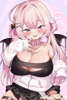 1girl :d bare_shoulders black_skirt blush breasts cleavage collar commentary_request cowboy_shot double-parted_bangs fang hair_between_eyes hair_ornament hairclip hand_up heart huge_breasts jacket long_hair long_sleeves looking_at_viewer miniskirt msp_sammy o-ring o-ring_thigh_strap off_shoulder open_clothes open_jacket open_mouth original pink_collar pink_eyes pink_hair pleated_skirt sitting skirt sleeves_past_fingers sleeves_past_wrists smile solo spoken_heart thigh_strap twitter_username white_jacket x_hair_ornament