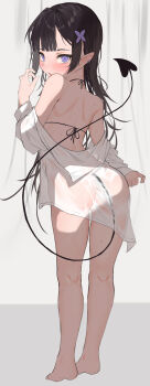 Rule 34 | 1girl, absurdres, ass, back, bare shoulders, barefoot, bikini, bikini top only, black hair, blunt bangs, blush, bottomless, butterfly hair ornament, clothes down, commentary, demon girl, demon tail, ear piercing, fellatio gesture, from behind, full body, grey background, hair ornament, highres, long hair, looking at viewer, looking back, madana (xesa7885), original, parted lips, piercing, pointy ears, purple eyes, see-through clothes, see-through shirt, shirt, simple background, solo, standing, sweat, swimsuit, tail, tail raised, white shirt