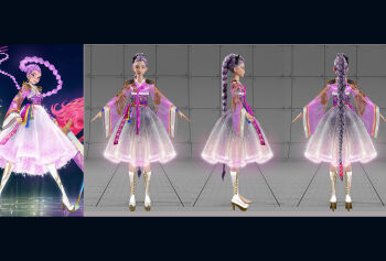 Rule 34 | 1girl, absurdres, back, black ribbon, boots, braid, braided ponytail, commentary, english commentary, full body, hair ribbon, hanbok, highres, joune5064, korean clothes, kpop demon hunters, letterboxed, multiple views, outstretched arms, purple hair, ribbon, rumi (kpop demon hunters), sash, skirt, white boots, wide sleeves