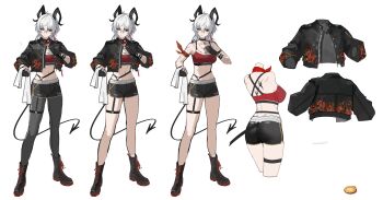 1girl absurdres black_boots black_gloves black_horns black_jacket black_pantyhose black_shorts black_tail boots breasts commentary curled_horns demon_tail english_commentary gloves grey_hair guest_art hair_between_eyes hand_up highres holding holding_towel horns jacket long_hair maenoo medium_breasts multicolored_hair multiple_views navel pantyhose red_sports_bra reference_sheet shorts sports_bra stomach streaked_hair tacet_mark_(wuthering_waves) tail toned toned_female towel wuthering_waves zani_(wuthering_waves)