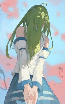 1girl absurdres ahoge arms_behind_back bare_shoulders blue_background blue_skirt commentary_request cowboy_shot detached_sleeves facing_away from_behind highres kochiya_sanae long_hair long_sleeves pink_background sashimi_oniku shirt skirt solo touhou two-tone_background white_shirt white_sleeves