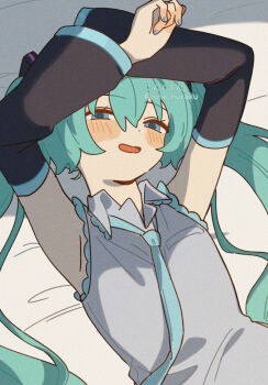 Rule 34 | 1girl, :d, armpits, arms up, black sleeves, blue eyes, blue hair, blue nails, blue necktie, blush, collared shirt, commentary request, corn kuten, detached sleeves, dot nose, dutch angle, frilled shirt, frills, from above, hair between eyes, hatsune miku, long sleeves, looking at viewer, lying, nail polish, necktie, on back, open mouth, shirt, sidelocks, sleeveless, sleeveless shirt, smile, solo, twintails, twitter username, upper body, vocaloid, white shirt