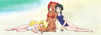 3girls aqua_eyes arm_support barefoot beach bikini black_hair blonde_hair blue_one-piece_swimsuit casual_one-piece_swimsuit crossover dark-skinned_female dark_skin day el_hazard goggles goggles_on_head green_eyes head_rest kumashiro_sakuya lap_pillow long_hair lying mahou_shoujo_pretty_sammy multiple_girls navel no_bangs official_art on_side one-piece_swimsuit outdoors own_hands_together pixy_misa red_bikini red_eyes red_hair shayla-shayla shin_tenchi_muyou! short_hair sitting smile strapless strapless_one-piece_swimsuit swimsuit tenchi_muyou! twintails white_one-piece_swimsuit