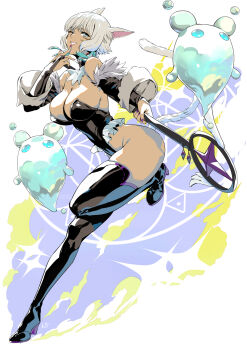 1girl animal_ears black_boots boots breasts cat_ears cleavage club3 collar dark-skinned_female dark_skin detached_sleeves elemental_(creature) facial_mark final_fantasy final_fantasy_xiv high_heels highres kittysuit large_breasts leg_lift looking_at_viewer miqo'te nontraditional_playboy_bunny one_eye_closed playboy_bunny short_hair staff tail thick_thighs thighhighs thighs water_elemental whisker_markings white_background white_hair y'shtola_rhul