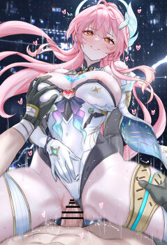 1boy 1girl absurdres aemeath_(wuthering_waves) bar_censor black_gloves blush breasts censored clothed_sex clothing_aside commentary cowgirl_position daram_(shappydude) elbow_gloves game_screenshot_background girl_on_top gloves grabbing_another's_breast groping hair_ornament hand_on_own_stomach heart hetero highres large_breasts large_variant_set leotard leotard_aside long_hair looking_at_viewer male_rover_(wuthering_waves) nipples orange_eyes parted_lips penis pink_hair pov pussy rover_(wuthering_waves) screenshot_background sex smile star-shaped_pupils star_(symbol) straddling symbol-shaped_pupils thighs vaginal variant_set white_gloves white_leotard wuthering_waves