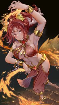 1girl afk_(series) afk_journey animal_ears anklet arm_up armlet armpits bare_hips bare_shoulders barefoot bikini bikini_top_only bracelet breasts brooch cleavage clothing_cutout dancer fantasy fire fox_ears fox_tail gold_trim harem_outfit harem_pants highres hip_vent jewelry large_breasts long_hair looking_at_viewer midriff natsume_koji navel navel_piercing pants piercing ponytail red_bikini red_eyes red_hair revision satrana_(afk) shiny_skin solo swimsuit tail