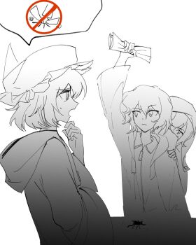 3others androgynous annoyed bug closed_mouth collared_shirt cowboy_shot detached_hood frilled_headwear from_side frown greyscale hair_between_eyes hand_on_own_chin hat hiding highres holding holding_magazine hood hood_down hood_up hooded_jacket jacket len&#039;en long_sleeves magazine_(object) mob_cap monochrome multiple_others open_mouth other_focus shirt shitodo_aoji shitodo_hooaka shitodo_kuroji short_hair siblings simple_background skull speech_bubble spoken_no_symbol sweatdrop table triangular_headpiece white_background wide_sleeves yancao_(pixiv_103434280) zipper zipper_pull_tab