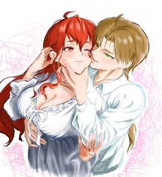 1boy 1girl abstract_background ahoge blonde_hair blush breasts cheek-to-cheek cleavage closed_mouth collarbone collared_shirt commentary cousins eris_greyrat grabbing_another&#039;s_chin green_eyes half-closed_eyes hand_on_another&#039;s_chin hand_up heads_together hetero highres hug hug_from_behind large_breasts long_hair long_sleeves looking_at_another mine. mushoku_tensei nightgown official_alternate_costume one_eye_closed parted_lips ponytail red_eyes red_hair rudeus_greyrat shirt upper_body white_nightgown white_shirt wince