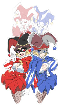 2boys 2girls black_mask blonde_hair blue_capelet blue_corset blue_eyes blue_hat blue_jongleur_(ff14) blue_shirt blue_skirt breasts capelet cleavage cleavage_cutout closed_mouth clothing_cutout commentary_request corset cropped_legs dede_(qwea_00000) eye_mask final_fantasy final_fantasy_ix final_fantasy_xiv fishnet_pantyhose fishnets gloves grey_mask hand_on_own_hip hand_up hat jester jester_cap korean_commentary long_sleeves looking_at_viewer makeup mask medium_breasts multiple_boys multiple_girls open_mouth pantyhose pointy_ears puffy_sleeves red_capelet red_corset red_eyes red_hat red_jongleur_(ff14) red_shirt red_skirt shirt short_hair skirt smile star_(symbol) striped_sleeves thorn_(ff9) two-tone_shirt white_background white_gloves white_shirt zorn_(ff9)