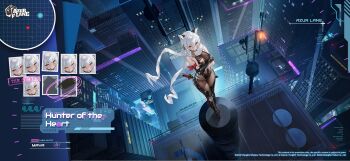 1girl animal_ears artist_request azur_lane bare_shoulders bodystocking boots breasts brown_eyes building cleavage commentary copyright_name crossed_arms english_commentary expression_chart fingerless_gloves fishnet_bodystocking fishnets gloves grey_hair hair_between_eyes headset highres large_breasts maya_(azur_lane) maya_(hunter_of_the_heart)_(azur_lane) official_alternate_costume official_art scarf short_hair skyscraper solo sword thigh_boots torn_clothes weapon white_scarf