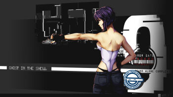 1girl absurdres black_hair eru-sennin female_focus fingerless_gloves from_behind ghost_in_the_shell ghost_in_the_shell:_stand_alone_complex gloves gun highleg highleg_panties highres kusanagi_motoko laughing_man_(gits) leotard panties short_hair solo underwear weapon whale_tail_(clothing)