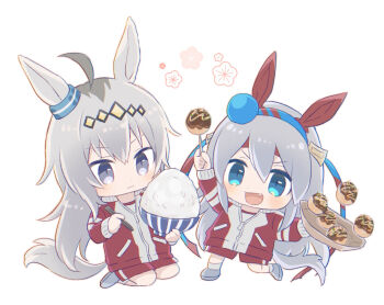 Rule 34 | 2girls, ahoge, animal ears, blue eyes, blue hairband, blush, bowl, chibi, chopsticks, closed mouth, ear covers, ear ornament, fang, flower, food, glutton, grey hair, grey tail, gym shirt, hair between eyes, hair ornament, hairband, headband, highres, holding, holding food, horse ears, horse girl, horse tail, ibara (yumekui317), jacket, long hair, long sleeves, multicolored hair, multiple girls, oguri cap (umamusume), open mouth, red headband, red jacket, red shorts, rice bowl, seiza, shirt, shoes, shorts, sitting, smile, striped clothes, striped hairband, tail, takoyaki, tamamo cross (umamusume), toothpick, tracen training uniform, track jacket, umamusume, umamusume: cinderella gray, very long hair