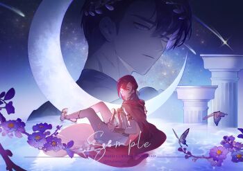 Rule 34 | 2boys, absurdres, ancient greek clothes, armlet, black hair, bracer, bug, butterfly, cale henituse, cape, circlet, closed mouth, column, crescent moon, flower, flute, full body, gladiator sandals, greco-roman clothes, hair between eyes, harp, highres, holding, holding instrument, insect, instrument, jewelry, kim rok soo, laurel crown, looking at viewer, lout of count's family, male focus, moon, multiple boys, night, pillar, purple flower, red cape, red hair, sample watermark, sandals, scar, shooting star, short hair, shyllene0112, sitting, sky, smile, star (sky), starry sky, toga, water, watermark, weibo username, weibo watermark