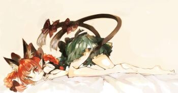 Rule 34 | 1girl, :|, animal ears, bare shoulders, barefoot, bow, braid, cat ears, cat girl, cat tail, closed mouth, commentary request, extra ears, full body, green skirt, hair bow, kaenbyou rin, konabetate, legs, long hair, looking at viewer, multiple tails, nekomata, pointy ears, red bow, red eyes, red hair, sidelocks, skirt, solo, tail, tail bow, tail ornament, touhou, twin braids, two tails