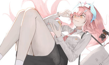 1girl absurdres aemeath_(wuthering_waves) ahoge alternate_costume bag black_skirt breasts cake cake_slice commentary_request deardd eating feet_out_of_frame food hair_ornament highres large_breasts long_hair necktie orange_eyes pink_hair pink_necktie ponytail school_uniform shirt skirt smile solo white_bag white_shirt wuthering_waves