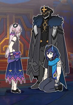 1girl 2boys absurdres aiguillette animal_ears architecture arm_strap arms_at_sides bat_ears black_cape black_coat black_footwear black_gloves black_hood black_leotard black_pants black_shirt blue_cape blue_scarf blue_trim body_markings braid cape capitano_(genshin_impact) citlali_(genshin_impact) closed_mouth clothing_cutout coat commentary_request door expressionless family feather_hair_ornament feathers fingerless_gloves fur-trimmed_collar fur_collar fur_trim genshin_impact gloves gold_trim grandmother_and_grandson hair_between_eyes hair_ornament hair_rings height_difference heterochromia highres hip_vent holding holding_stick kneeling korean_commentary legs_together leotard long_hair mask meme mesoamerican_architecture mom_scolding_her_kid_and_husband_(meme) multiple_boys ooyun ororon_(genshin_impact) overskirt pants pink_hair pink_skirt purple_hair purple_skirt sandals scarf shaded_face shadow shirt shoulder_strap sidelocks skirt standing stick tassel