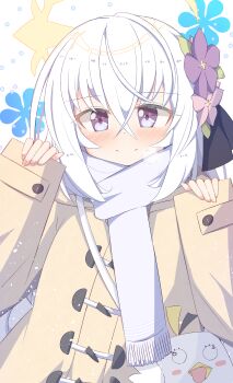 Rule 34 | 1girl, absurdres, alternate costume, azusa (blue archive), bag, blue archive, blush, breath, brown coat, closed mouth, coat, commentary request, crossed bangs, duffel coat, flower, hair between eyes, hair flower, hair ornament, hanehituzi4410, highres, long hair, looking at viewer, peroro (blue archive), purple eyes, purple flower, purple scarf, scarf, shoulder bag, sleeves past wrists, smile, snowing, solo, upper body, white background, white hair, winter clothes
