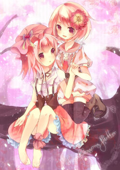 2girls absurdres aki_minoriko aki_shizuha ankle_garter bad_id bad_pixiv_id barefoot black_thighhighs blonde_hair choker feet female_focus flower hair_flower hair_ornament hat highres kedama_milk multiple_girls pink_eyes pink_hair siblings sisters thighhighs toenails toes touhou