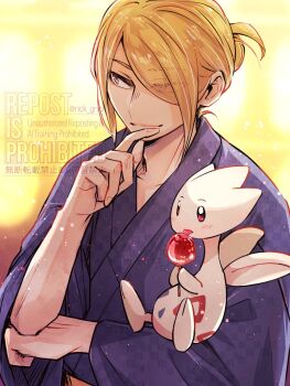 Rule 34 | 1boy, alternate costume, blonde hair, blue kimono, blush, candy apple, closed mouth, food, gen 2 pokemon, grey eyes, gura (rick grick), hair over one eye, highres, holding, holding candy apple, holding food, japanese clothes, kimono, long sleeves, nintendo, pokemon, pokemon (creature), pokemon legends: arceus, smile, togetic, tongue, tongue out, volo (pokemon), wings, yukata