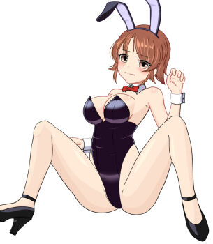 1girl akakin2012 animal_ear_hairband animal_ears bare_legs black_leotard black_shoes bow bowtie brown_eyes brown_hair commentary_request detached_collar fake_animal_ears flipped_hair hairband highleg highleg_leotard kantai_collection leotard m_legs playboy_bunny rabbit_ears red_bow red_bowtie richard_p._leary_(kancolle) shoes short_hair simple_background sitting solo spread_legs strapless strapless_leotard white_background wrist_cuffs