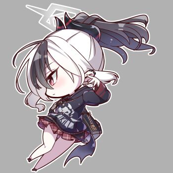 1girl absurdres bag black_choker black_hair black_hoodie black_horns black_shoes blue_archive blush bright_pupils chibi chibi_only choker closed_mouth clothes_writing commentary_request demon_girl demon_horns demon_wings derivative_work ear_piercing fighting_stance floating_hair from_side full_body gluteal_fold grey_background grey_halo halo hand_up highres hood hood_down hoodie horns kayoko_(blue_archive) long_hair long_sleeves looking_ahead low_wings miniskirt multicolored_hair nckak9rjjdjff4e panties piercing plaid_clothes plaid_skirt pleated_skirt ponytail profile red_eyes red_skirt serious shoes shoulder_bag sidelocks simple_background single_wing skirt solo standing tsurime two-tone_hair underwear white_hair white_panties white_pupils wings zipper