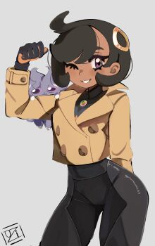 1girl absurdres black_bodysuit black_gloves black_hair bodysuit brown_coat clenched_hand coat emma_(pokemon) espurr gen_6_pokemon gloves grey_background hair_ornament highres looking_at_viewer nintendo one_eye_closed pokemon pokemon_(creature) pokemon_legends:_z-a purple_eyes short_hair simple_background smile standing uzinaaaa