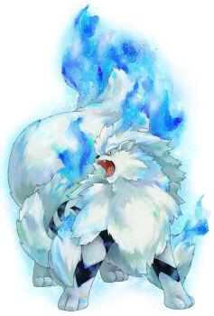 alternate_color arcanine blue_fire fire full_body gen_1_pokemon nintendo no_humans open_mouth pokemon pokemon_(creature) satou_mami shiny_pokemon solo standing white_background