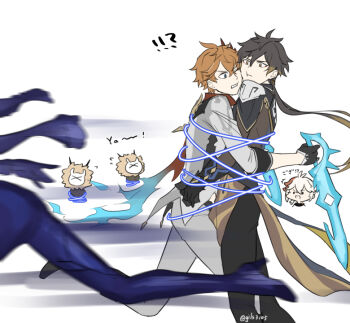 Rule 34 | !?, 2boys, bound together, chibi, genshin impact, gils3105, hilichurl (genshin impact), image sample, kaedehara kazuha, multiple boys, pixiv, pixiv sample, tartaglia (genshin impact), white background, yelan (genshin impact), zhongli (genshin impact)