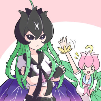 Rule 34 | 2girls, bancholilimon, banchou, black eyes, delinquent, digimon, evolution, flower, lilimon, multiple girls, scar, school uniform, smile, thorns