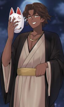 1boy absurdres black_kimono commission commissioner_upload dark-skinned_male dark_skin fire_emblem fire_emblem_engage fogado_(fire_emblem) fox_mask highres japanese_clothes kimono mask night nintendo non-web_source official_alternate_costume prince redkite333 solo star-shaped_pupils star_(symbol) symbol-shaped_pupils