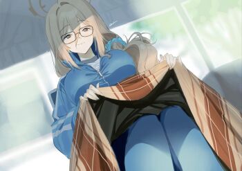 1girl akane_(blue_archive) blanket blonde_hair blue_archive blue_jacket blue_pants blue_scrunchie blue_track_suit blurry blurry_background breasts brown_eyes brown_halo closed_mouth commentary_request dutch_angle feet_out_of_frame glasses hair_ornament hair_scrunchie halo highres holding holding_blanket hood hood_down hooded_jacket jacket large_breasts long_hair looking_at_viewer mitsuhashitaeko pants scrunchie sitting smile solo track_suit