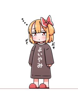 1girl alternate_costume black_shirt blonde_hair blush bow closed_mouth clothes_writing commentary_request hair_bow highres long_sleeves looking_at_viewer one_side_up red_bow red_eyes red_slippers roco_(katsuya1011) rumia shirt simple_background sleepy slippers solo squeans touhou translation_request white_background