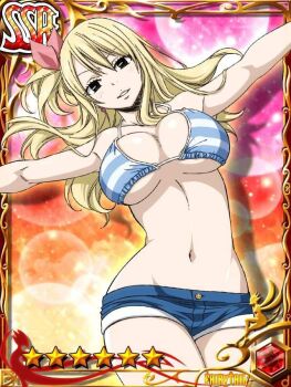 1girl asymmetrical_hair bikini bikini_top_only black_eyes blonde_hair blush breasts card_(medium) card_illustration cleavage copyright_name denim denim_shorts earrings fairy_tail hair_ornament hair_ribbon jewelry large_breasts long_hair looking_at_viewer lucy_heartfilia midriff navel official_art one_side_up outstretched_arms pink_ribbon ponytail ribbon short_shorts shorts side_ponytail smile solo star_(symbol) striped_bikini striped_bikini_top striped_clothes swimsuit thighs underboob