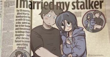 1boy 1other angel_martinez black_shirt clinical_trial_(game) highres holding_person hood hoodie interview lee_smith newspaper pointing pointing_up purple_hair purple_hoodie shirt striped_clothes talking text_focus