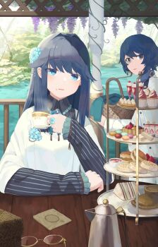 1boy 1girl basket black_shirt blue_eyes blue_flower blue_hair brother_and_sister coffee_pot collared_shirt cup cupcake flower food food_on_face frilled_sleeves frills hair_between_eyes hair_flower hair_ornament highres holding holding_basket holding_cup jacket long_hair long_sleeves looking_at_viewer monocle natori_youkai original parted_lips purple_flower railing sandwich shirt siblings sleeves_past_wrists smile steam striped_clothes striped_shirt sweets table tiered_tray vertical-striped_clothes vertical-striped_shirt water white_jacket