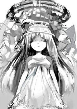 1girl bare_arms bare_shoulders bow closed_eyes closed_mouth commentary_request cowboy_shot cube dress expressionless frilled_dress frills grey_background greyscale light_frown long_hair machine monochrome original pleated_skirt short_dress skirt sleeveless sleeveless_dress solo soto spaghetti_strap standing sundress two-tone_background very_long_hair waist_bow white_background