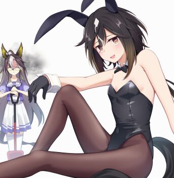 2girls absurdres animal_ear_hairband animal_ears black_bow black_bowtie black_gloves black_hair black_leotard black_pantyhose bow bowtie breasts brown_eyes brown_hair detached_collar dream_journey_(umamusume) ear_covers fake_animal_ears glasses gloves hairband highres horse_ears horse_girl horse_tail kirino_mist leotard long_hair looking_at_viewer multicolored_hair multiple_girls pantyhose playboy_bunny rabbit_ears school_uniform shovel small_breasts smile solo_focus stay_gold_(umamusume) strapless strapless_leotard tail tracen_school_uniform umamusume white_hair wrist_cuffs