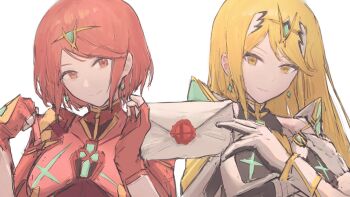 2girls 900p blonde_hair breasts closed_mouth earrings fingerless_gloves floating_earrings gloves highres holding holding_letter jewelry letter long_hair looking_at_viewer multiple_girls mythra_(massive_melee)_(xenoblade) mythra_(xenoblade) nintendo pyra_(xenoblade) red_eyes red_gloves red_hair revision short_hair simple_background sketch smash_invitation smile super_smash_bros. tiara upper_body white_background white_gloves xenoblade_chronicles_(series) xenoblade_chronicles_2 yellow_eyes