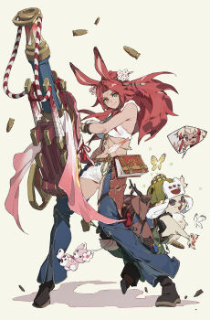 1girl absurdres animal_ears bracelet bullet crow0cc final_fantasy final_fantasy_xiv flower full_body green_eyes hair_flower hair_ornament hair_stick highres holding holding_weapon jewelry long_hair monster_hunter_(series) monster_hunter_wilds navel player_palico red_hair simple_background spoken_character viera warrior_of_light_(ff14) weapon white_background white_flower