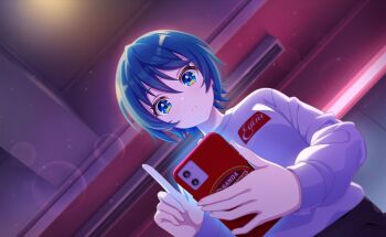 1girl :t blue_eyes blue_hair commentary_request dutch_angle game_cg hair_between_eyes highres holding indoors long_sleeves looking_at_viewer official_art shirt short_hair solo third-party_source toneri_nikako upper_body world_dai_star