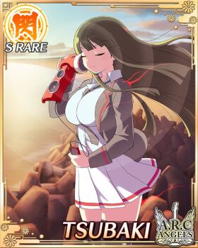 1girl between_breasts black_hair black_jacket blue_shirt border breasts card_(medium) character_name closed_eyes closed_mouth diagonal-striped_clothes diagonal-striped_necktie english_text game_cg hime_cut jacket large_breasts long_hair music necktie necktie_between_breasts official_alternate_costume official_art open_clothes open_jacket pleated_skirt senran_kagura senran_kagura_new_wave shirt skirt solo striped_clothes tsubaki_(senran_kagura) white_skirt