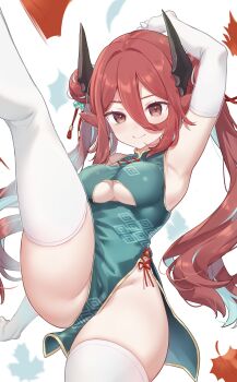 1girl absurdres animal_ears arm_up armpits ass bare_shoulders breasts china_dress chinese_clothes closed_mouth clothing_cutout commission demon_horns double_bun dress elbow_gloves gloves gold_trim green_dress hair_between_eyes hair_bun highres hiraga_matsuri horns leg_up long_hair looking_at_viewer medium_breasts no_panties original pelvic_curtain red_eyes red_hair short_dress side-tie_dress skeb_commission skindentation sleeveless sleeveless_dress smile solo thighhighs thighs twintails underboob underboob_cutout very_long_hair white_gloves white_thighhighs