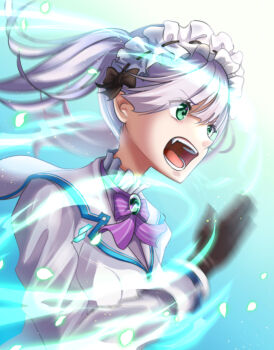 1girl absurdres bow bowtie commentary_request green_eyes heaven_burns_red highres kepekki_kanojo maid_headdress open_mouth purple_hair sugawara_chie twintails