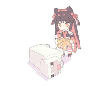 1girl :d animal bare_shoulders black_hair black_kimono black_sleeves blade_(galaxist) blush bow brown_bow chibi commentary_request crossover detached_sleeves flower hair_flower hair_ornament japanese_clothes kimono long_sleeves minecraft multicolored_hair nekoyama_nae open_mouth red_eyes red_flower red_hair shadow sheep sheep_(minecraft) short_eyebrows sleeveless sleeveless_kimono smile standing striped_clothes striped_thighhighs thick_eyebrows thighhighs toranoana two-tone_hair two_side_up virtual_youtuber white_background wide_sleeves