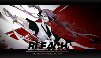 1girl absurdres bandages black_kimono black_ribbon bleach bleach:_sennen_kessen-hen commentary_request copyright_name cowboy_shot eyepatch floating_hair haori headband her_story highres holding holding_sword holding_weapon japanese_clothes katana kimono letterboxed long_hair long_sleeves looking_at_viewer one_eye_covered open_mouth outstretched_arm purple_eyes purple_hair red_background revision ribbon saitou_furoufushi shinigami simple_background smile solo sword teeth twintails upper_teeth_only very_long_hair weapon white_haori white_headband wide_sleeves zanpakutou